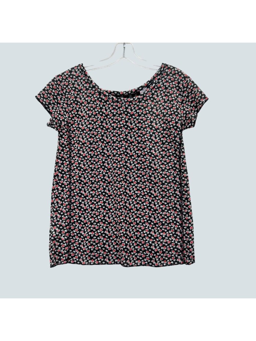 MNG Collection Womens Floral Lace Back Black Top With Red & White Flowers Sz XS